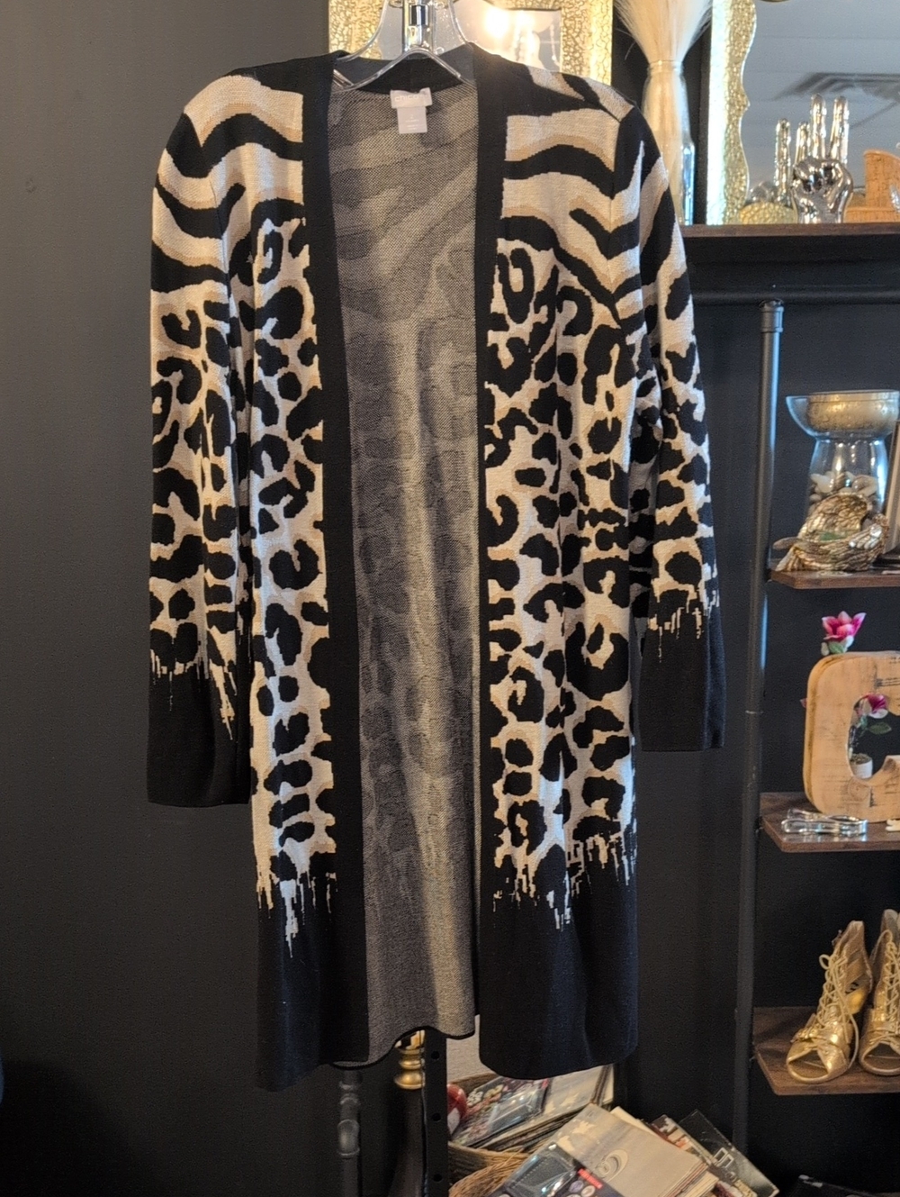 Chico's Black and Cream Animal Print Cardigan